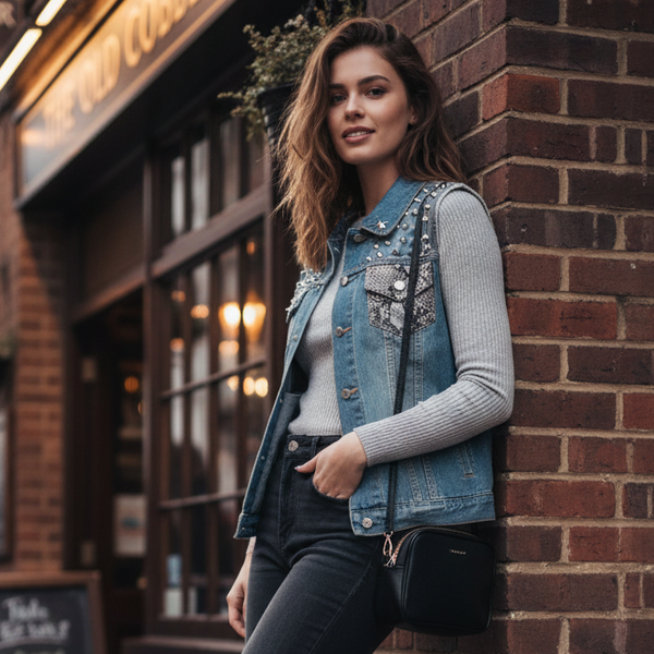 *Spiked Denim Vest* (UNISEX) (XL) •21” Pitt to Pitt•