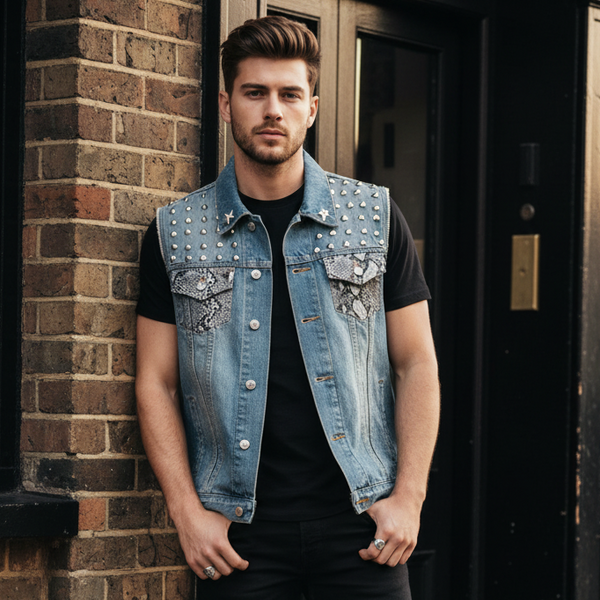 *Spiked Denim Vest* (UNISEX) (XL) •21” Pitt to Pitt•