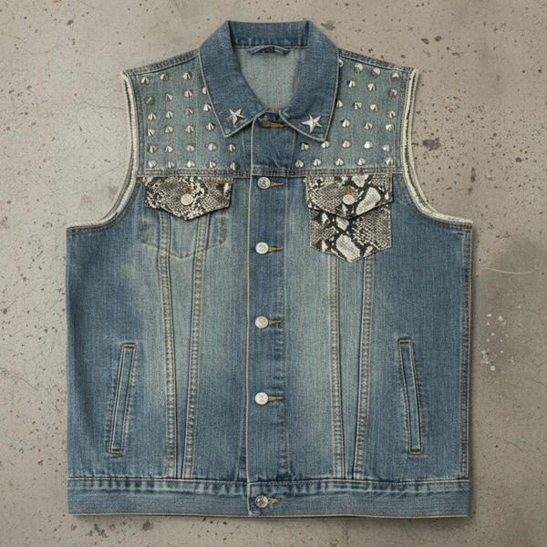 *Spiked Denim Vest* (UNISEX) (XL) •21” Pitt to Pitt•