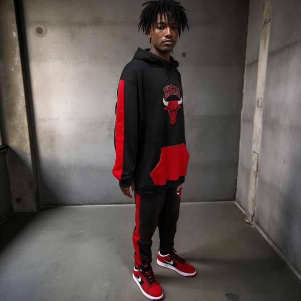 •CHICAGO 23• (BLACK-RED) CUT & SEW HOODED SWEATSUITS (PATCH WORK & EMBROIDERY)