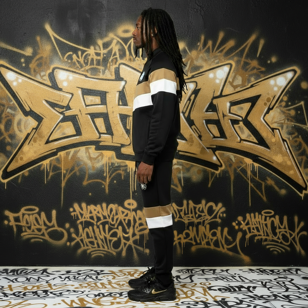 •HUSTLE GANG• (BLACK-MULTI) KNIT ZIP UP TRACKSUITS