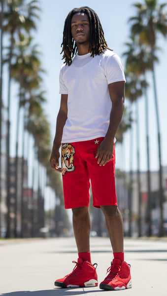*MAXI MILIAN* (RED) ~TIGER~ •DENIM SHORTS• (SLIM FIT) (EMBROIDERED)