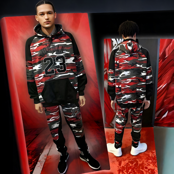 ^23 JORDAN^ (RED-CAMO) LUXURY HOODED SWEATSUITS (EMBROIDERED)