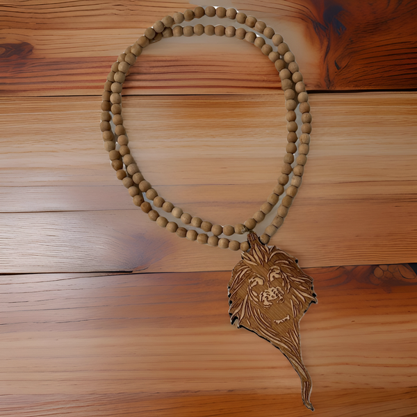 *<WOOD BEADED NECKLACE & PENDANT SET>* *LION*