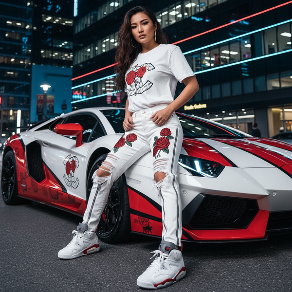 *CROOKS & CASTLES* (WHITE) ~CC ROSES~ SHORT SLEEVE T-SHIRTS FOR WOMEN