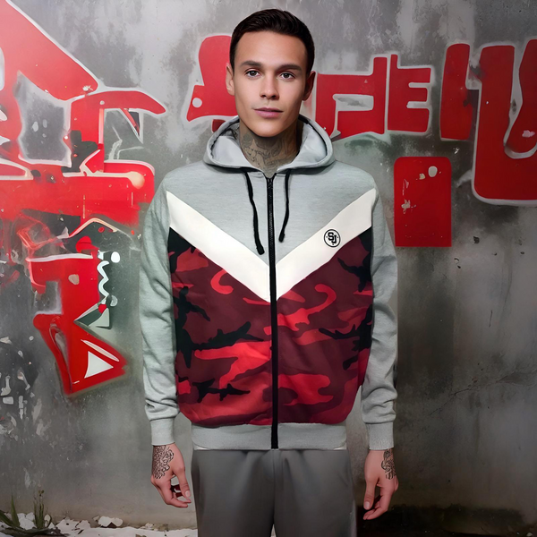 ^SEAN JOHN^ (RED-CAMO-GREY) POLYESTER HOODED ZIP UP TRACK JACKETS
