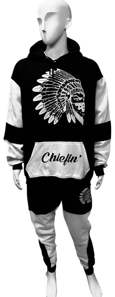 ^CHIEFIN’^ (BLACK-WHITE) HOODED JOGGER SWEATSUITS (CUT & SEW)