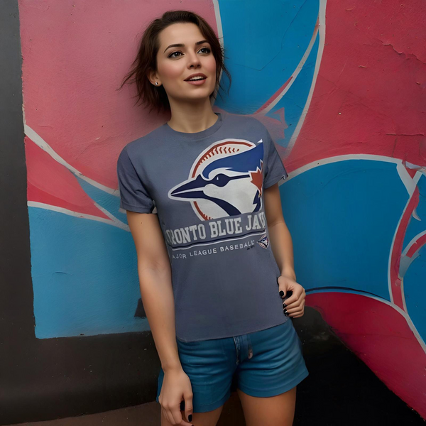 ^TORONTO BLUE JAYS^ SHORT SLEEVE T-SHIRTS (BY MAJESTIC) (DISTRESSED LOGO)