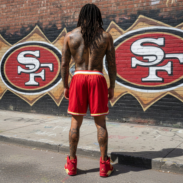 *SAN FRANSISCO 49ERS* ~Shorts~ •Embroidered Patches•Back Zip Pocket•2 Front Pockets•