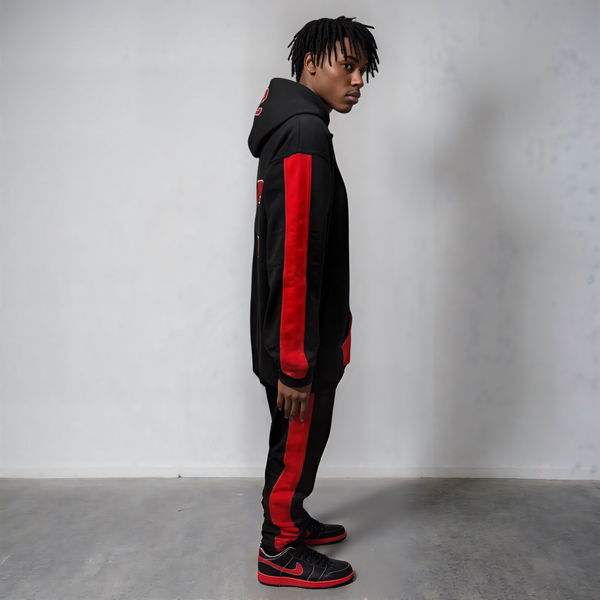 •CHICAGO 23• (BLACK-RED) CUT & SEW HOODED SWEATSUITS (PATCH WORK & EMBROIDERY)