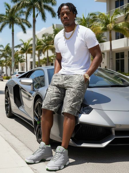 *JMC* ~BELTED~ •GREY CARGO SHORTS WITH GREEN PAISLEY DESIGN•