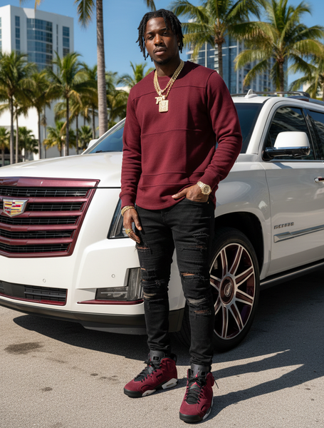 *AKADEMIKS* (BURGUNDY) FANCY LONG SLEEVE T-SHIRT