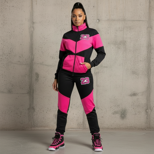 *23* (BLACK-HOT PINK) ZIP UP TRACK JACKETS (CUT & SEW) (UNISEX)