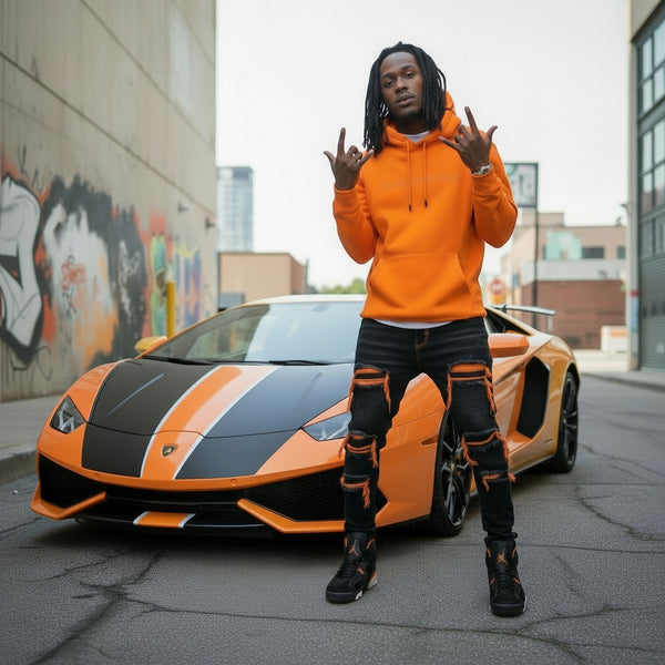 *CROOKS & CASTLES* (ORANGE) ~SANS SERIF LOGO~ PULLOVER HOODIES FOR MEN