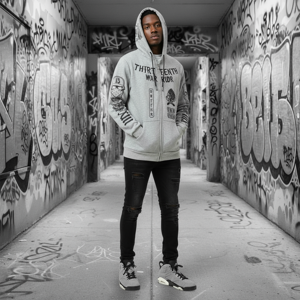 *HEADRUSH* (Heather Grey) ~13th Warrior~ Thick Zip Up Hoodies (Luxury) (Full Embroidery)