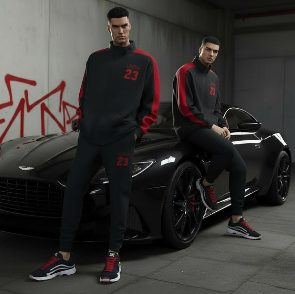 •23• (BLACK/RED) ZIP UP TRACKSUITS (CUT & SEW) (EMBROIDERED LOGO)