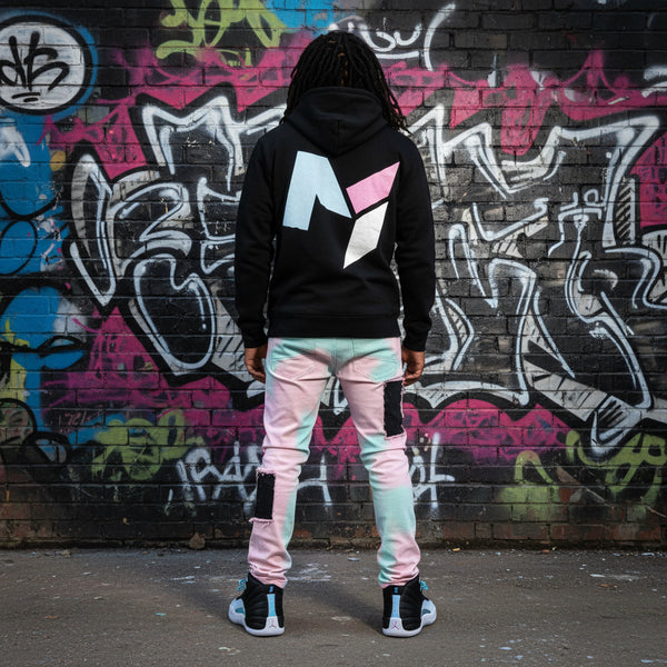 *DESIGN BY HUMANS* (BLACK) ZIP UP HOODIE (DISTRESSED LOGO STYLE)