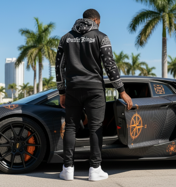 *FLIGHT 23* BLACK BANDANA / PAISLEY PULLOVER HOODIES (FLEECE LINED & BACK EMBROIDERY)