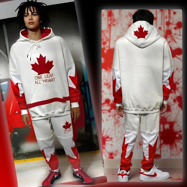^ALL HEART^ Team Canada (WHITE-RED) JOGGER SWEATSUITS (Cut & Sew / Embroidery)