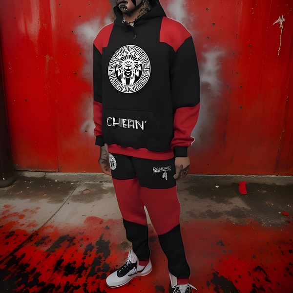 ^CHIEFIN’^ (BLACK-RED) JOGGER SWEATSUITS (CUT & SEW) (TWO TONE)