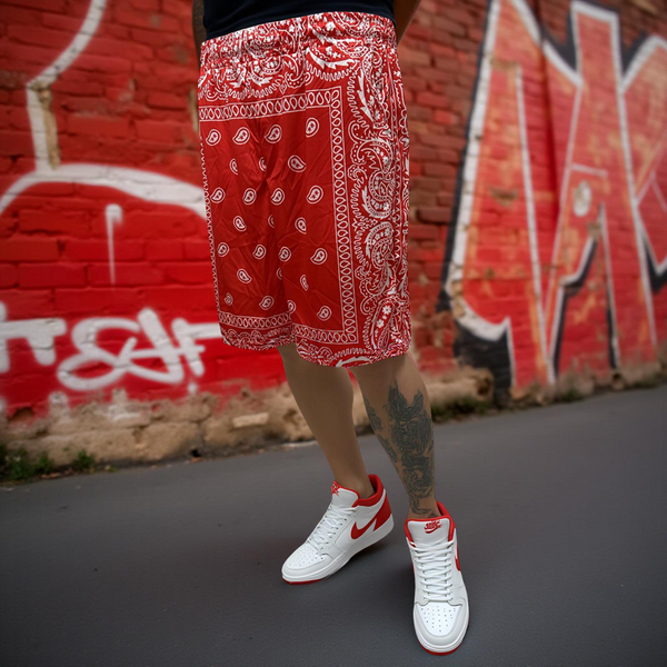 •RED BANDANA• ~Activewear summer shorts~ (Front pockets & drawstring closure)
