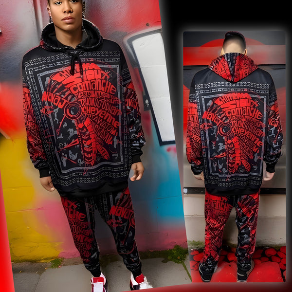 ^TRIBE VIBES^ (RED-GREY-BLACK) FULL HOODED PULLOVER SWEATSUITS