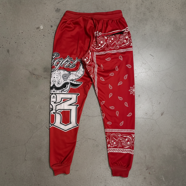 *FLIGHT 23* RED BANDANA / PAISLEY JOGGER SWEATPANTS (FLEECE LINED & BACK ZIP POCKET)