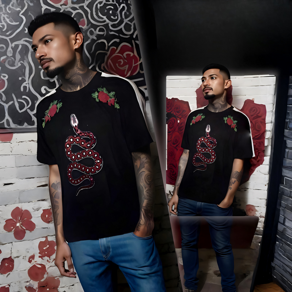 ^IMPERIOUS^ ~SNAKE & ROSES~ (BLACK) PATCH & PRINT SHORT SLEEVE T-SHIRTS
