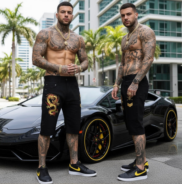*MAXI MILIAN* (BLACK) ~DRAGON~ •DENIM SHORTS• (SLIM FIT) (EMBROIDERED)