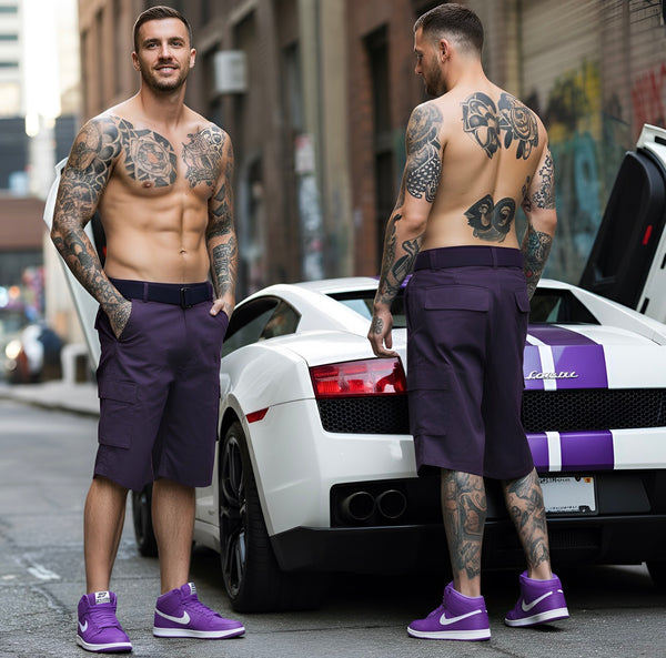 *BROOKLYN XPRESS* (PURPLE) ~BELTED~ •CARGO SHORTS FOR MEN• (30”)