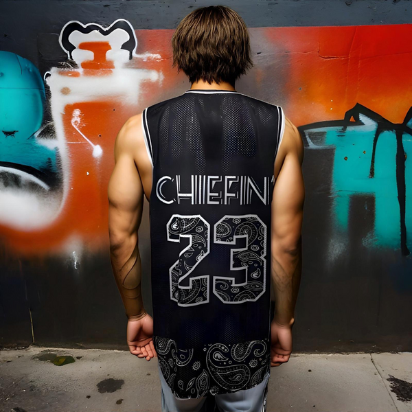 ^23 BLACK BANDANA^ ~CHIEFIN’~ MESH BASKETBALL CREWNECK JERSEYS (TALL-BODY)
