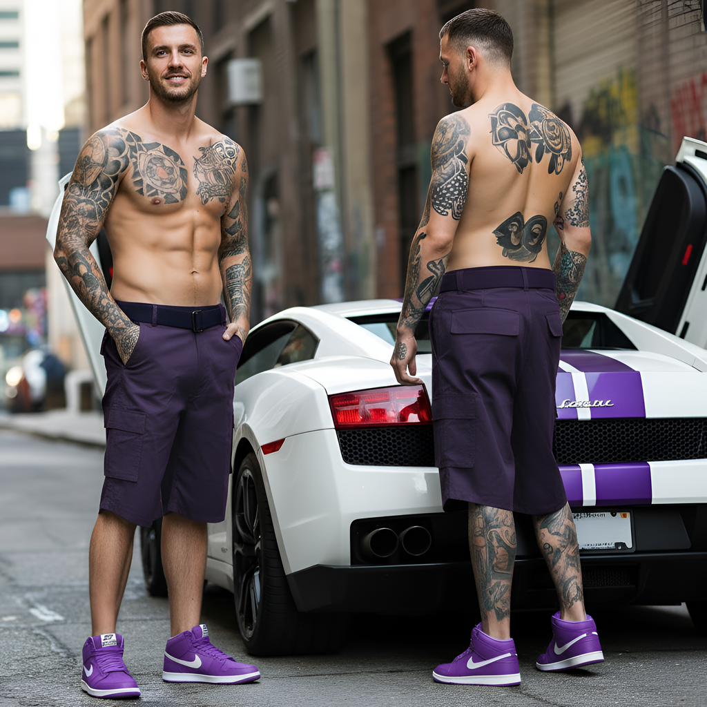 *BROOKLYN XPRESS* (PURPLE) ~BELTED~ •CARGO SHORTS FOR MEN•