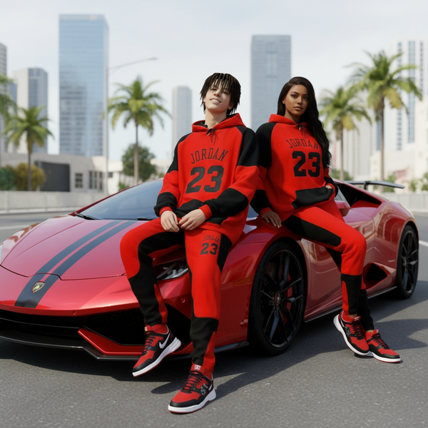 •JORDAN 23• (RED-BLACK) CUT & SEW / EMBROIDERED LUXURY CUSTOM SWEATSUITS