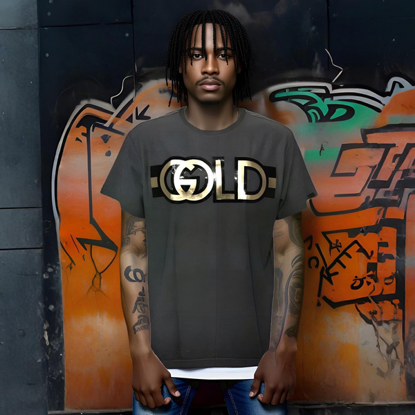 ^AKADEMIKS^ (DARK GREY) ~GOLD LOGO~ MEN'S TEE (MEDIUM)
