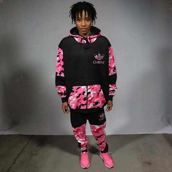 ^CHIEFIN’ ADI-FEATHER^ (PINK CAMOUFLAGE) HOODED ZIP UP TRACKSUITS (CUT & SEW)
