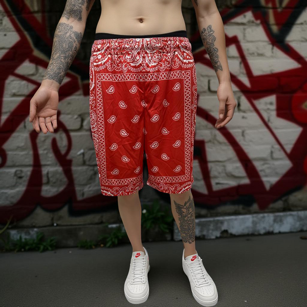 •RED BANDANA• ~Activewear summer shorts~ (Front pockets & drawstring closure)