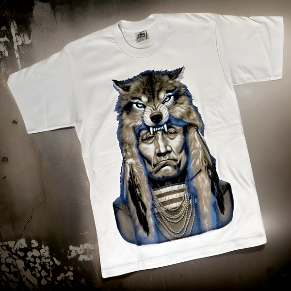 *<SC>* (WHITE) ~WOLF HEADDRESS~ JUMBO PRINT HEAVY COTTON TEES