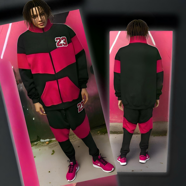^23^ (BLACK-HOT PINK) ZIP UP TRACKSUITS (CUT & SEW) (UNISEX)
