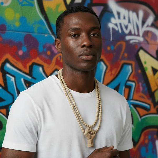 *WOOD BEADED NECKLACE & PENDANT SET* •FIST PUMP• (PINE WOOD)