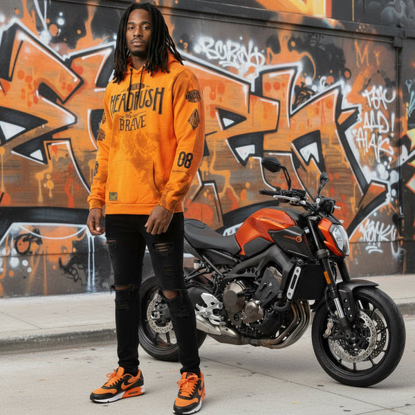 *HEADRUSH* ~The Brave~ •Orange Acid Wash hoodies• (Puff Print)