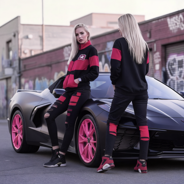 *23* (BLACK-HOT PINK) ZIP UP TRACK JACKETS (CUT & SEW) (UNISEX)