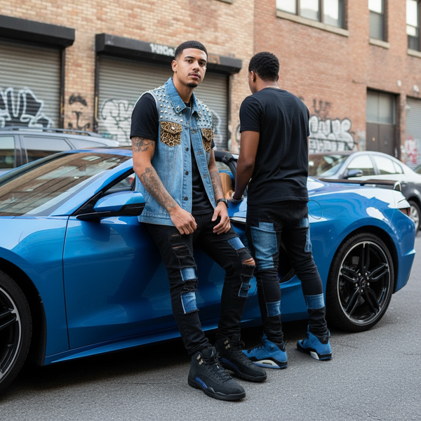 *DENIM VEST* ~Steam Punk Mad Max~ (Cheetah Print Pockets) (Metal Spikes)