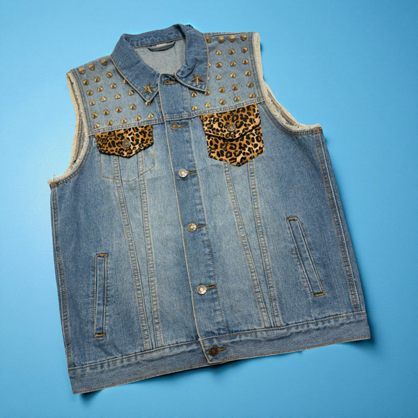 *DENIM VEST* ~Steam Punk Mad Max~ (Cheetah Print Pockets) (Metal Spikes)