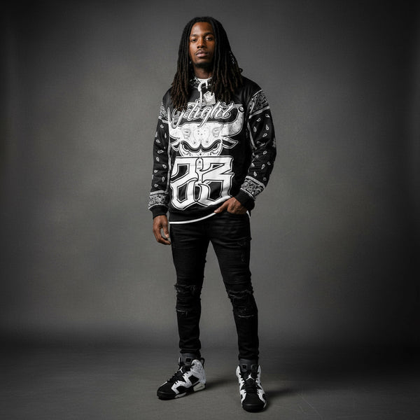 *FLIGHT 23* BLACK BANDANA / PAISLEY PULLOVER HOODIES (FLEECE LINED & BACK EMBROIDERY)