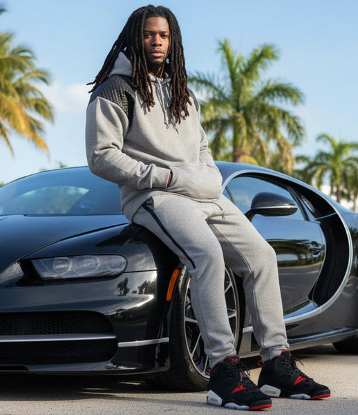 *TRUE ROCK* (GREY-BLACK P.U.) PULLOVER HOODIE (FRONT VERTICAL ZIPS)