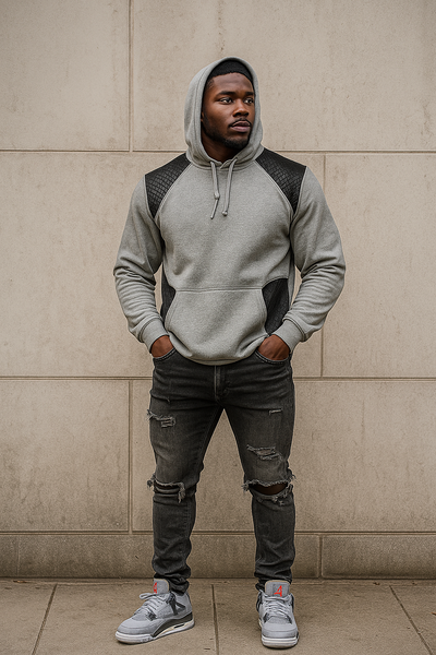 *TRUE ROCK* (GREY-BLACK P.U.) PULLOVER HOODIE (FRONT VERTICAL ZIPS)