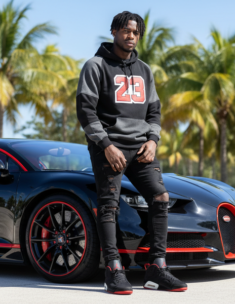 *23* (BLACK-DARK GREY) LUXURY PULLOVER HOODIES (CUT & SEW)(UNISEX)