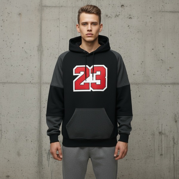 *23* (BLACK-DARK GREY) LUXURY PULLOVER HOODIES (CUT & SEW)(UNISEX)