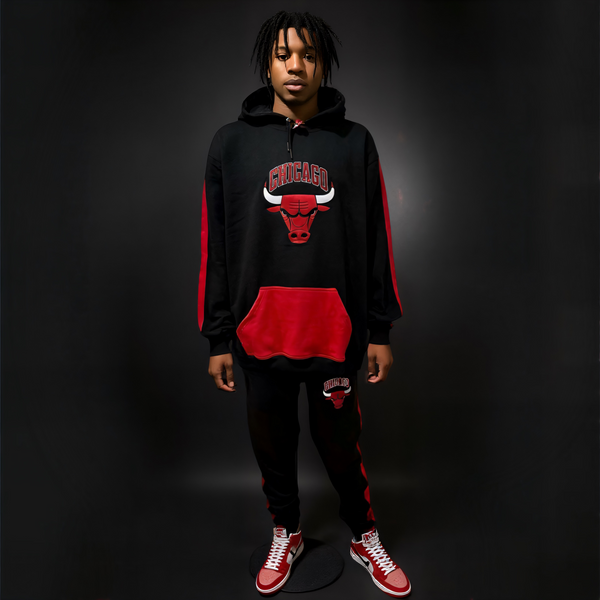 •CHICAGO 23• (BLACK-RED) CUT & SEW HOODED SWEATSUITS (PATCH WORK & EMBROIDERY)