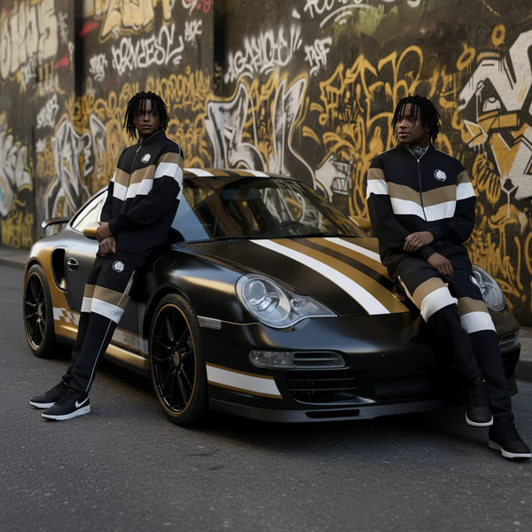•HUSTLE GANG• (BLACK-MULTI) KNIT ZIP UP TRACKSUITS
